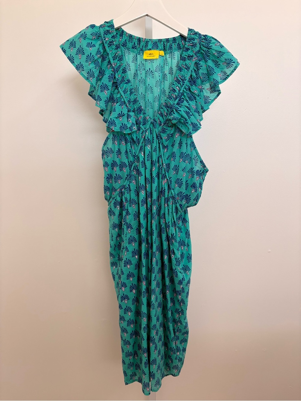 Roller Rabbit Teal Midi Dress with Navy Fan Print and Ruffle Sleeves